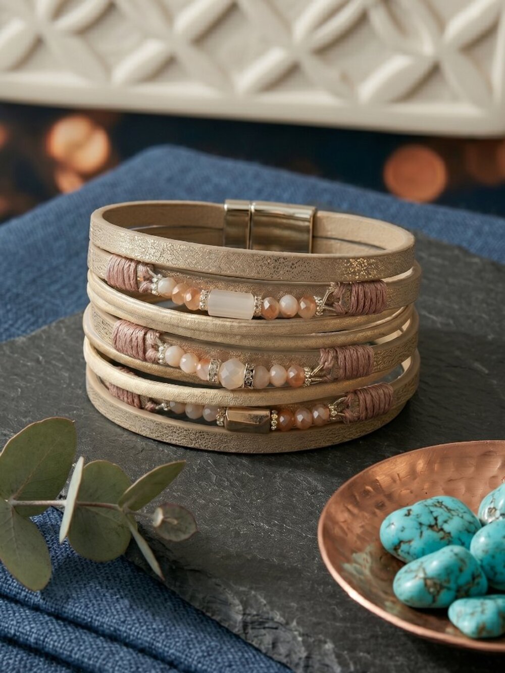 Vegan Leather Wrap Bracelet Champagne Multi Strand Beaded Magnetic Boho 7.5" - Picture 12 of 14